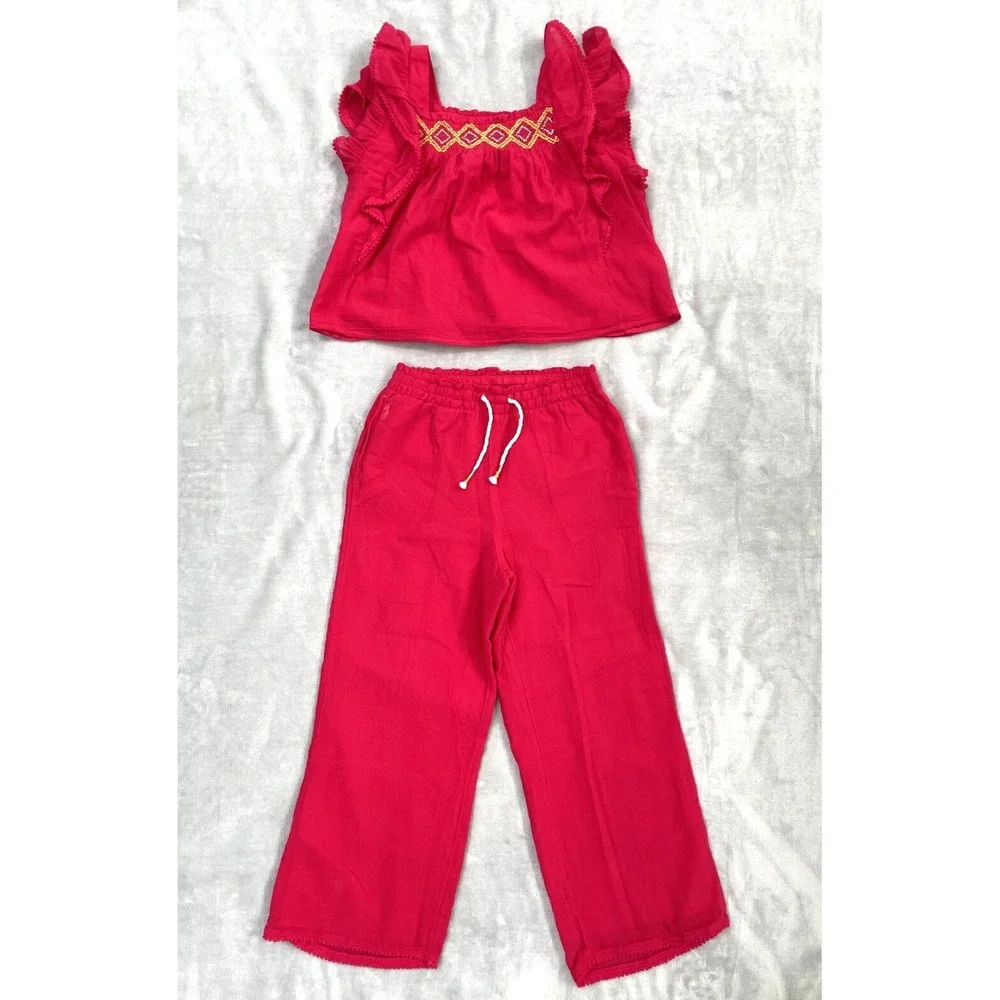 Ralph Lauren Top & Pants Set Girls 8 Red Ruffled Cotton Gauze Crochet Trim